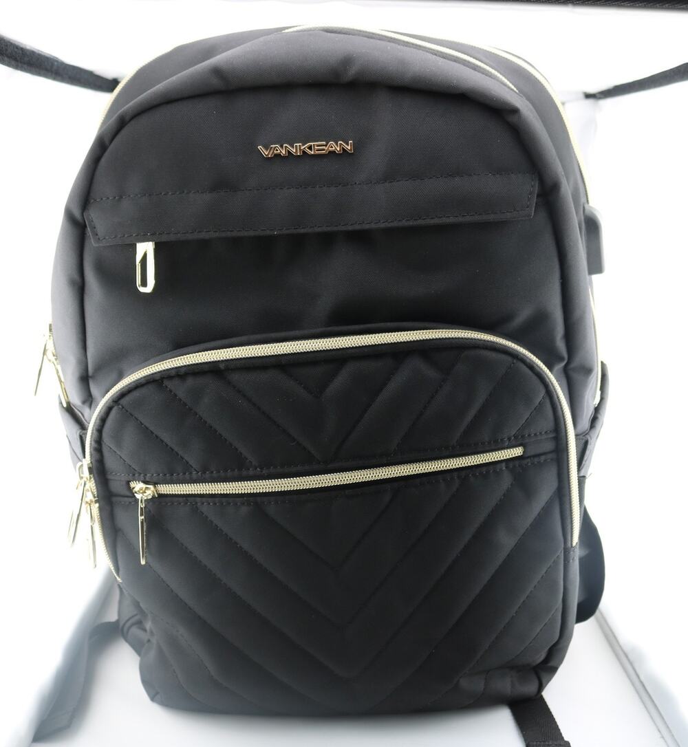 VANKEAN 15.6 Laptop Backpack Quilted Black Gold Hardware Travel School Bag USB